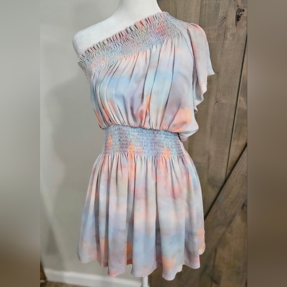 SKYLAR + MADISON Pastel Watercolor Chiffon One Shoulder Mini Dress. Blue/pink. M - Picture 7 of 14